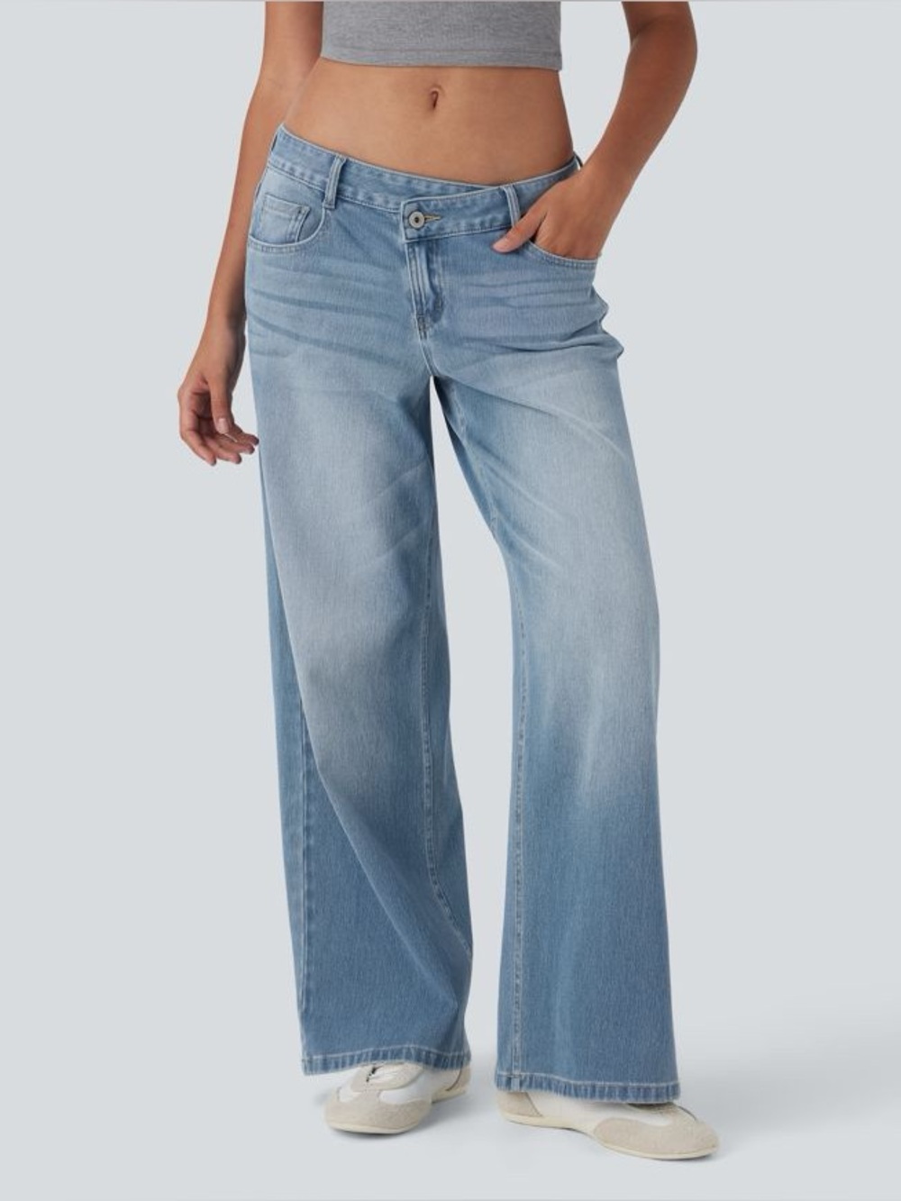 New Halara Flex Asymmetric Low Rise Zipper Pockets Baggy Wide Leg Washed Jeans